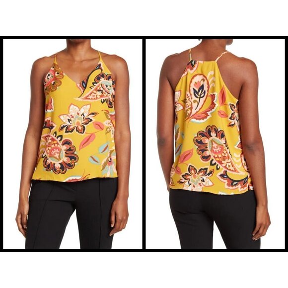 💕T TAHARI💕 V-Neck Cami ~ Yellow Multi-Color Bright Paisley Swirl XS NWT - Picture 1 of 10